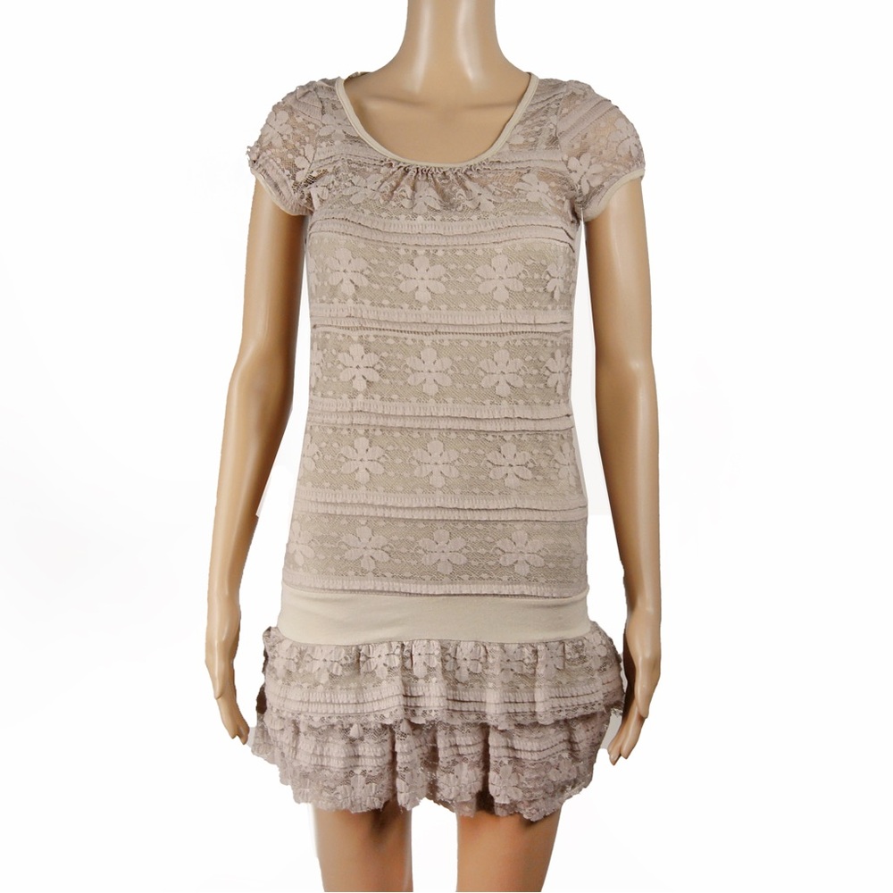 Vintage Morgan De Toi Cream Grey Lace Ruffle Layered Skirt Dress